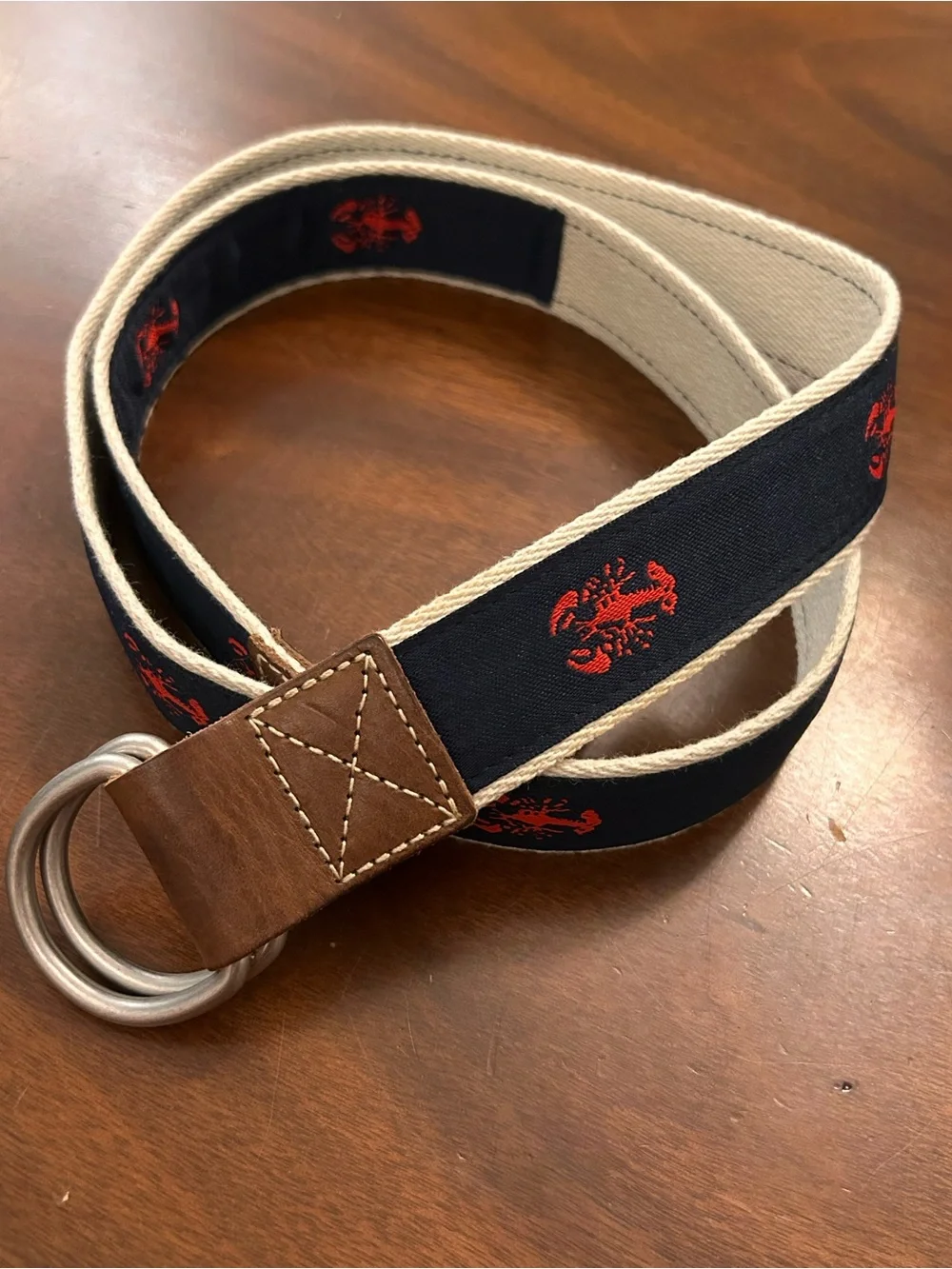 Daniel Cremieux men’s Navy Blue Canvas D-Ring Belt with Red Lobster Embroidery